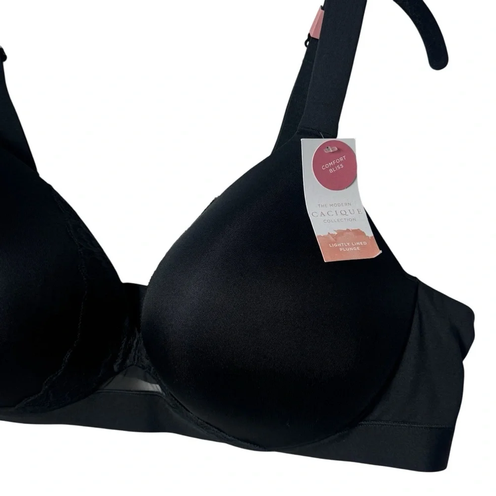 NEW Cacique Black Sheer Comfort Bliss Lightly Lined Plunge Bra Romantic 46D‎